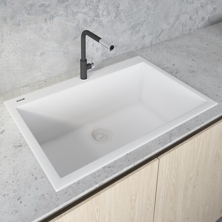 Ruvati 30"x20" Dual-Mnt Granite Composite Sgl Bowl Kitchen Sink, Wht RVG1030WH